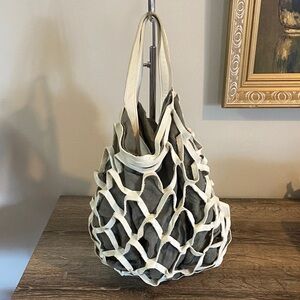 Maurizio Amadei Ma+ Mesh Bag White Milk Leather and Gray Canvas Made in Italy